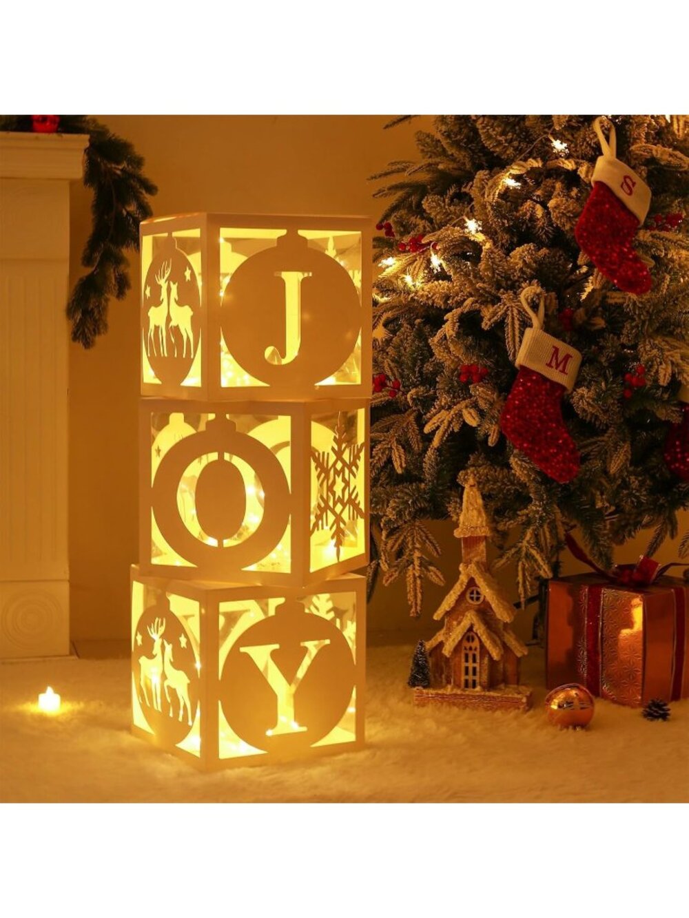 New Light Up Christmas Decorations, 3pcs White Hollow-Out Paper Joy Boxes